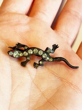 Vintage Sterling Silver Lizard Brooch with Clear Crystal Accents and Red Eyes